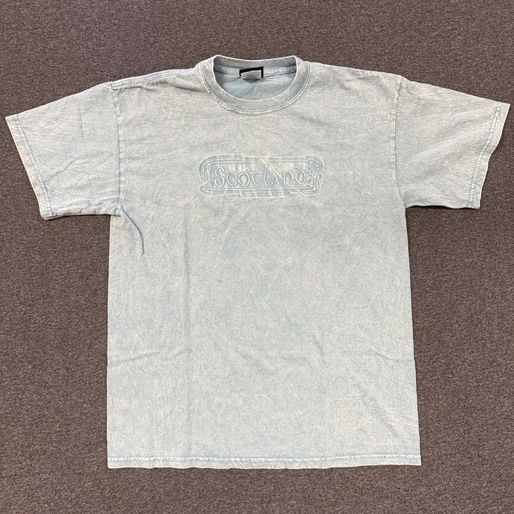 Vintage Celtic Fashions Scotland T-Shirt Mens Medium Blue Acid Wash Embossed